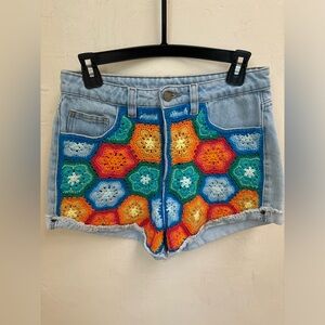 FARM RIO Colorful Crochet Denim Shorts